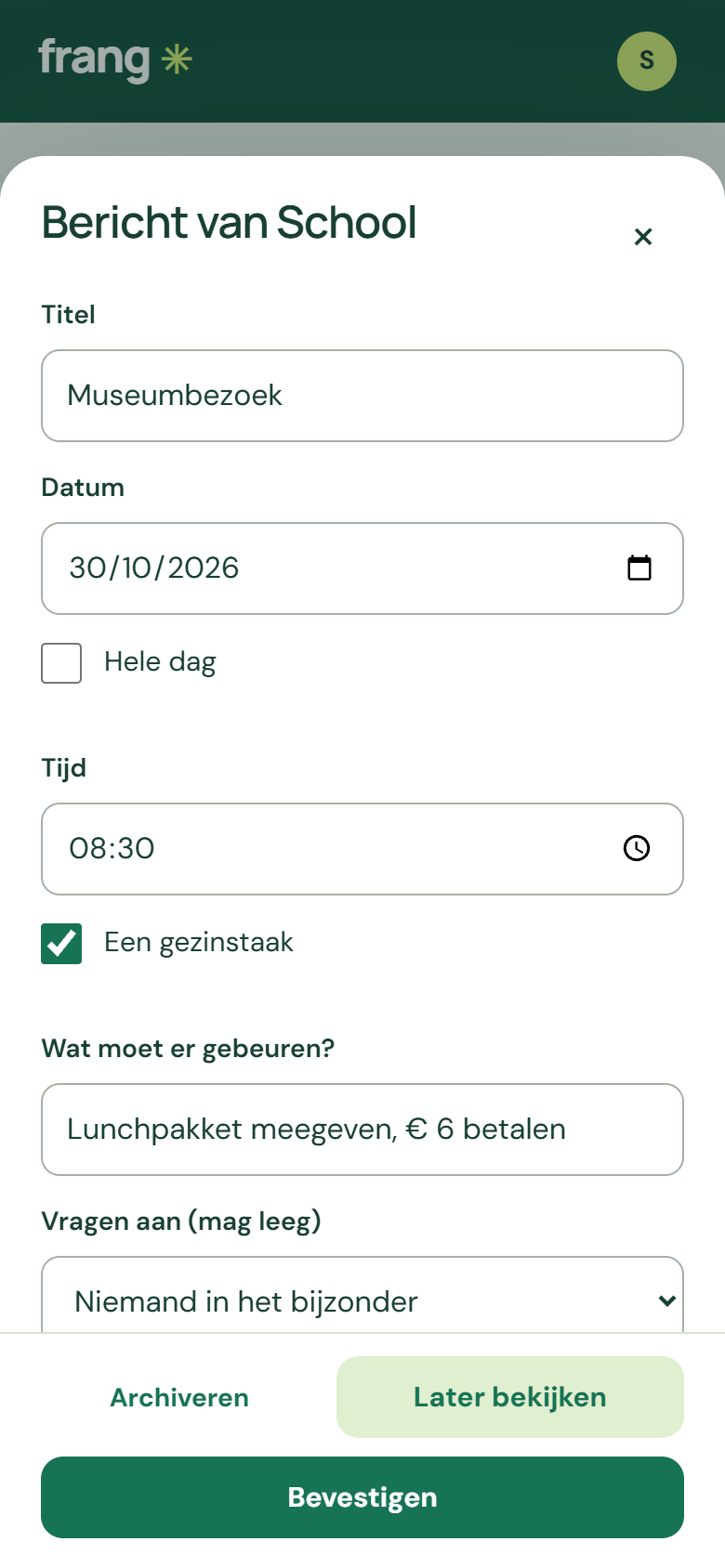 Een geplakt schoolbericht wordt een voorstel voor een afspraak en een taak.