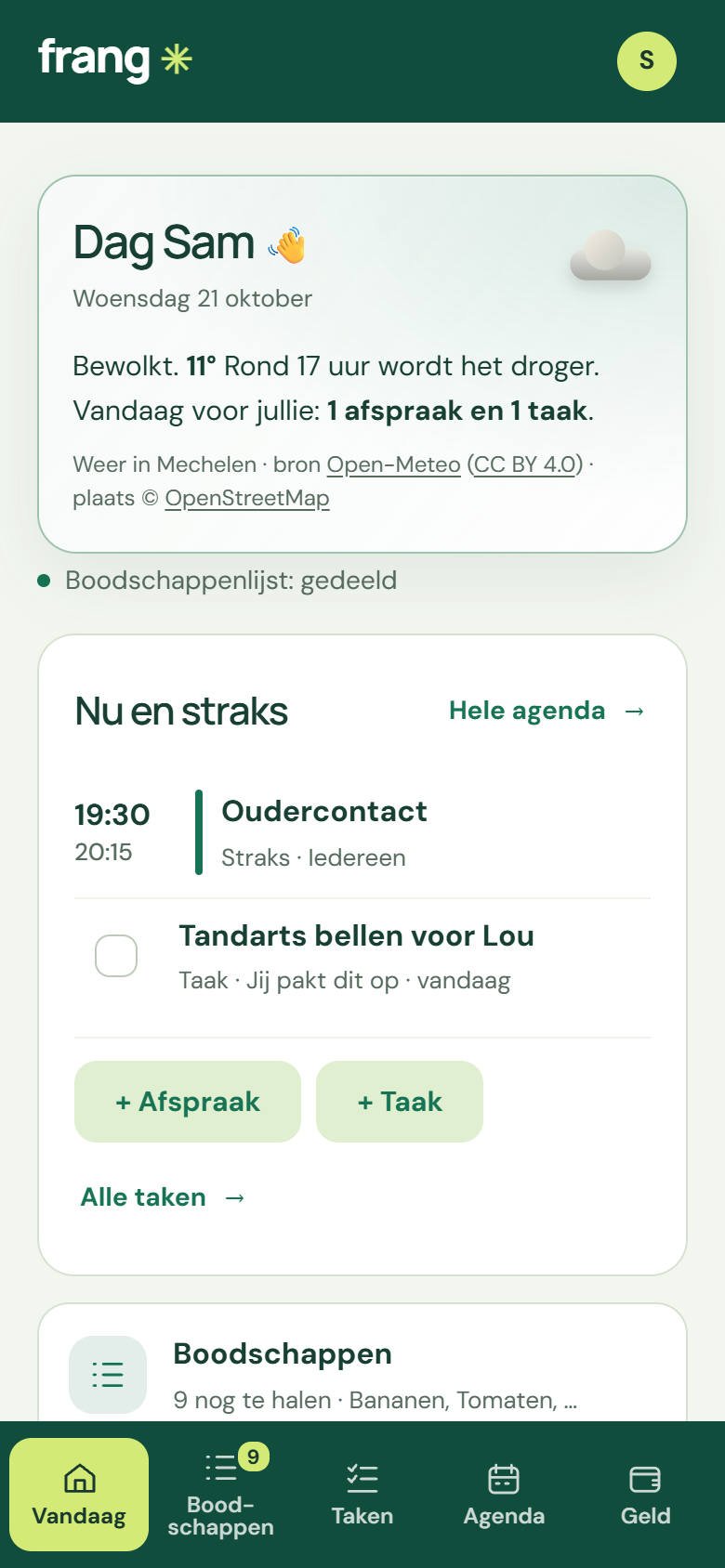 Vandaag: begroeting met het weer, de eerstvolgende afspraak en een taak.